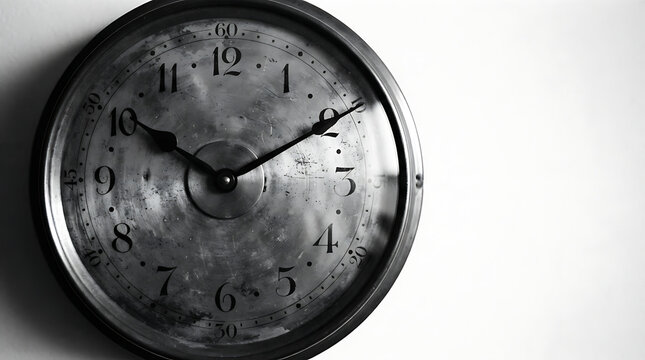 Old analog clock on a plain white wall with shadows  closeup transparent background