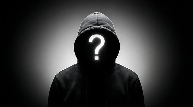 Person wearing hoodie with glowing question mark on face in dark setting transparent background