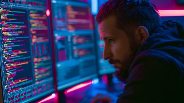Software engineer analyzing complex code on multiple monitors in a dark tech workstation
