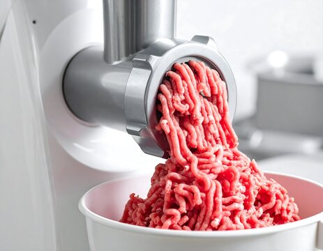 Close-up of a meat grinder extruding ground raw meat into a white bowl, showcasing the process in a bright setting