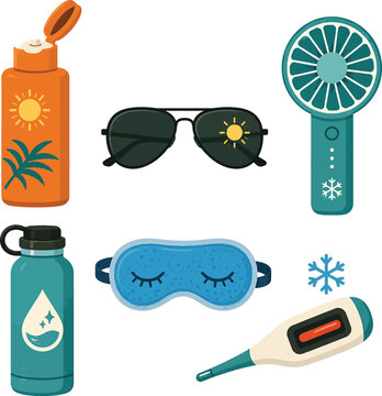 Summer collection of flat vector design icons featuring essential items for staying cool and protected outdoors