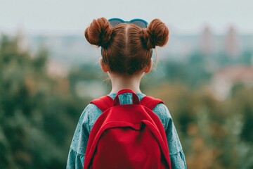 Naklejka premium Girl with red hair buns and backpack as a child student standing in city landscape