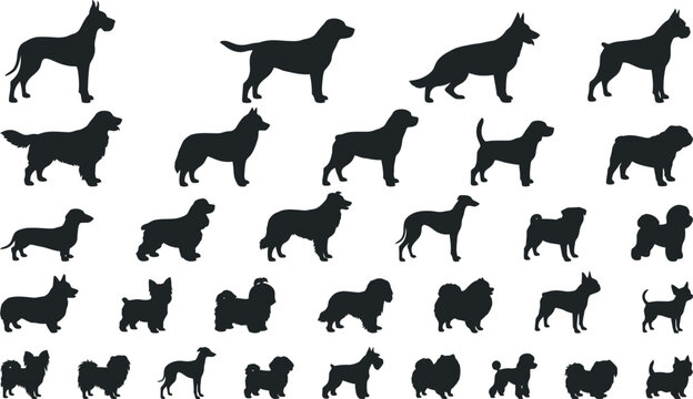 Set of Black Dog Silhouettes Vector Illustration Collection with Running Jumping Terrier and Labrador Animal Outline Icons for Pet and Nature Design