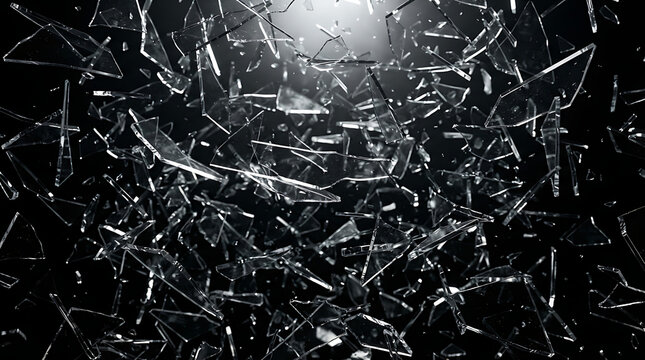 Shattered glass fragments flying apart with light shining through them transparent background