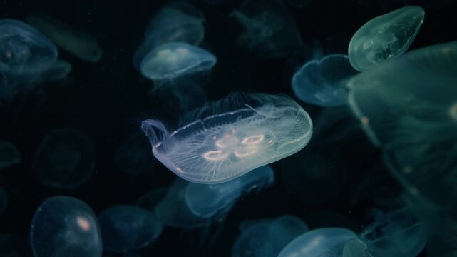 4K Video of moon jellyfish swimming gracefully against a black background.