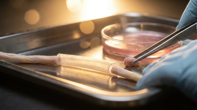 A close-up lab scene shows a translucent biodegradable polymer tube bridging a severed peripheral nerve on a sterile tray, with forceps, a petri dish, and pale blue surgical gloves beside it