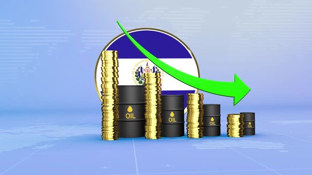 El Salvador Oil Prices Decline with Oil Barrels, Gold Coins and Downward Green Arrow, 3D Economic and Financial Market Concept
