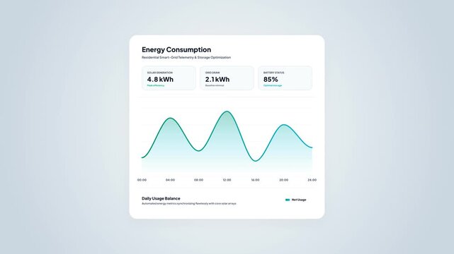 Light Mode Smart Grid Energy Consumption Telemetry Dashboard Animation with Wave Line Graph and Battery Status