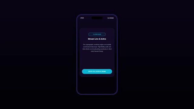 Mobile streaming application UI design showing a stream live and active notification screen with an enter fullscreen cinema button on a dark dark mode smartphone display