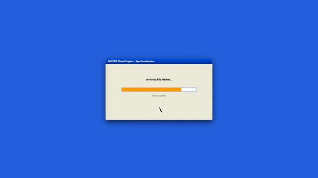 Retro computer interface cloud synchronization loading progress bar and sync interrupted warning panel animation