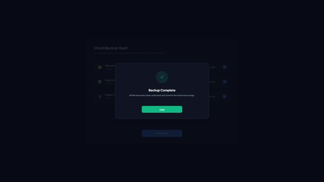 User interface of cloud backup vault storage page on dark mode screen showing files selection uploading progress bar and backup complete successful notification popup