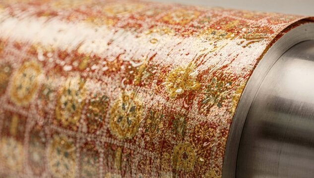 Capturing patterned highgloss giftwrap paper up close the wet coating dried on a polished drum highlights the intricate design and ultrasmooth texture.