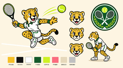 Cartoon Cheetah Playing Tennis with Racket and Ball. © Tresno
