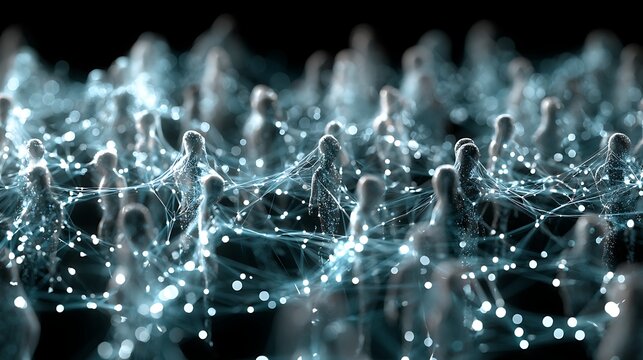 Swarm of AI agents collaborating through luminous digital connections, decentralized intelligence network