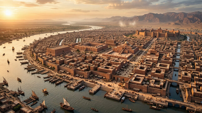 Indus Valley Civilization City Panorama Ancient Architecture Riverboats Sunset