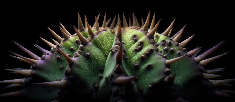 Spiky, green, segmented plant form against a black backdrop