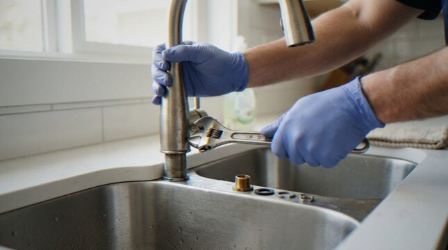 A close-up shot of a plumber in blue nitrile gloves using an adjustable wrench to repair or install a modern kitchen faucet over a stainless steel sink.
