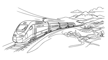 Obraz premium High-speed train traveling through a scenic countryside landscape with mountains.