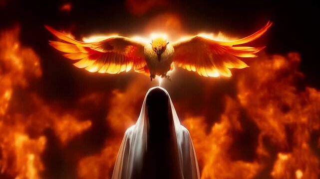 A mystical figure in a white cloak standing before a majestic phoenix rising from a sea of flames
