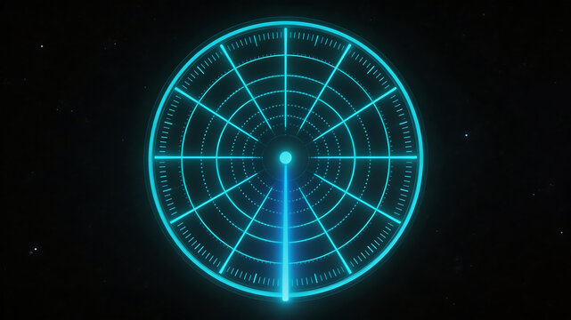 Blue glowing radar screen on black background