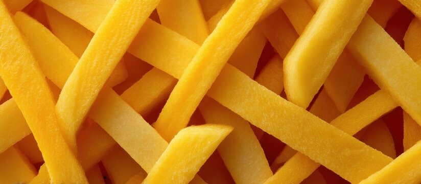 Close-up of numerous, overlapping yellow-orange food strips, showing texture and variations