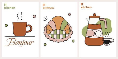 Modern minimalist kitchen wall art poster set with hand drawn coffee mug, french croissant on checkered plate and coffee pot on abstract shapes background. © Shofikul islam