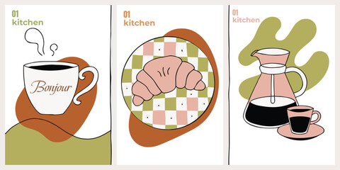 Modern minimalist kitchen wall art poster set with hand drawn coffee cup, french croissant and glass coffee maker on abstract shapes background. © Shofikul islam