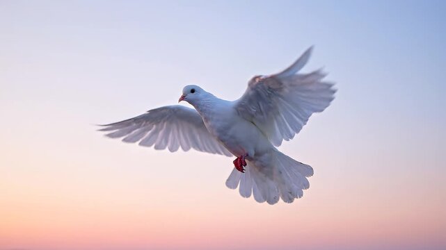 White dove flying gracefully against a soft pastel sky at sunset or sunrise