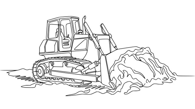 Line Art Bulldozer Pushing Dirt - Construction Equipment Illustration