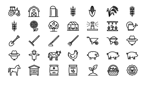 agriculture, farming, farm, tractor, barn, silo, wheat, corn, crops, harvest, greenhouse, irrigation, shovel, rake, farmer, livestock, organic, seeds, nature, rural, outline, lineart, monoline, icon, 