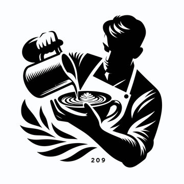 Black and white silhouette illustration of a barista pouring latte art into a coffee cup, with a laurel wreath and number 209.