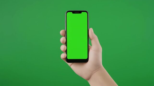 Hand Holding Smartphone with Green Screen Display, Science and Health Technology Interface, Close-up View in Minimalist Environment