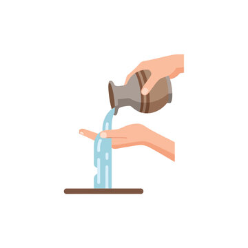 Flat illustration of hands pouring water from a clay jug for ablution and cleansing ritual