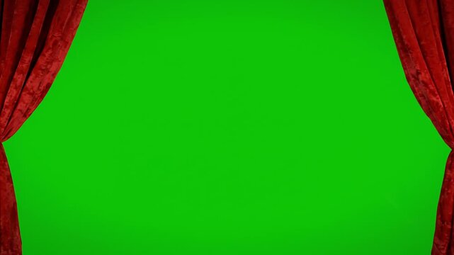 Rich Red Velvet Stage Curtain Partially Open Revealing a Hint of Green