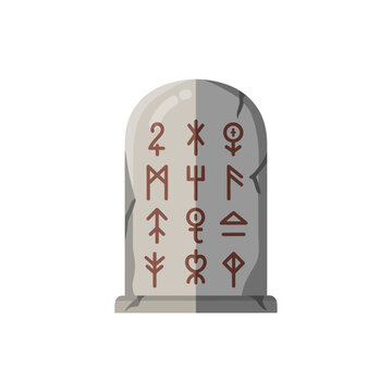 Ancient stone tablet with red viking runic symbols engraved
