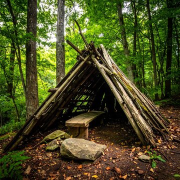 A makeshift shelter constructed from branches in a forest clearing