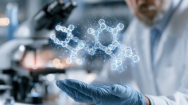 Close-up pharmaceutical scientist examining DNA-inspired molecular model, precision medicine research