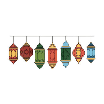Set of Seven Colorful Hanging Traditional Lanterns for Festive Islamic Holiday Celebrations and Ornamental Decorative Lighting
