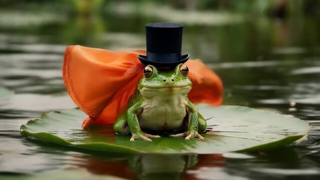 A dapper green frog wearing a black top hat and an orange cape sitting on a lily pad in a pond