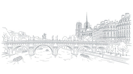 Fototapeta premium Parisian Pont Neuf bridge and Notre Dame Cathedral sketch, Seine River cityscape