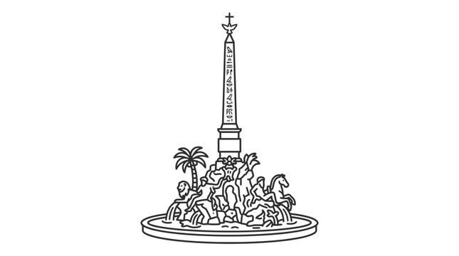 Parisian Fountain Monument Outline Illustration, Place de la Concorde Style