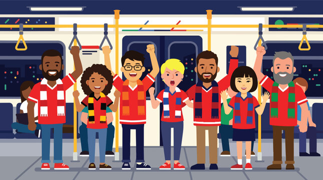 Enthusiastic sports fans cheering inside a metro subway car in a vibrant flat design vector for public transportation marketing