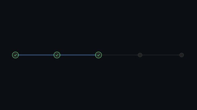 Minimalist progress bar animation with step completion checkmarks on dark 4k background, loading status