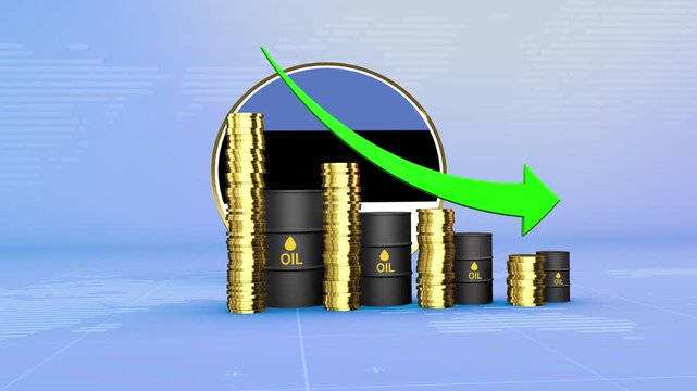 Estonia Oil Prices Decline with Oil Barrels, Gold Coins and Downward Green Arrow, 3D Economic and Financial Market Concept