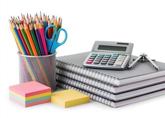 Education supplies with colored pencils notebooks calculator and stationery items