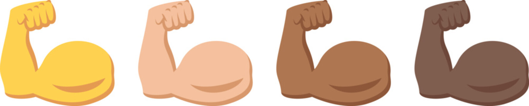 Flexed biceps muscle emoji collection featuring diverse skin tones in flat cartoon vector style. Strong arm icons represent fitness, strength, power, determination, and achievement. Perfect 