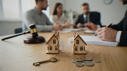 Fototapeta premium A legal professional meeting with a couple regarding a property division, illustrated with two small house models, a paper couple figure, a key, and coins on a wooden desk.