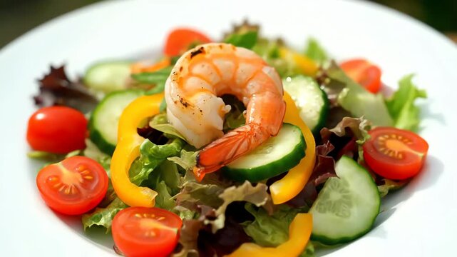 Grilled shrimp salad served with fresh vegetables in motion video
