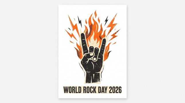 Black hand making rock sign with orange flames and lightning
