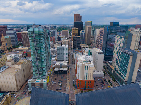 Denver modern city skyline aerial view on Stout Street facing east in downtown Denver, Colorado CO, USA. 